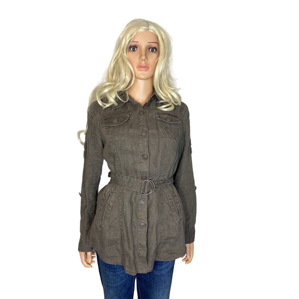 CAbi Utility Sahara Jacket 100% Linen Khaki Brown #856 Size M Button Front Belt - Picture 7 of 16